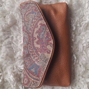 Vintage Brown Paisley Envelope Snap Leather Vinyl Wallet Pouch Clutch